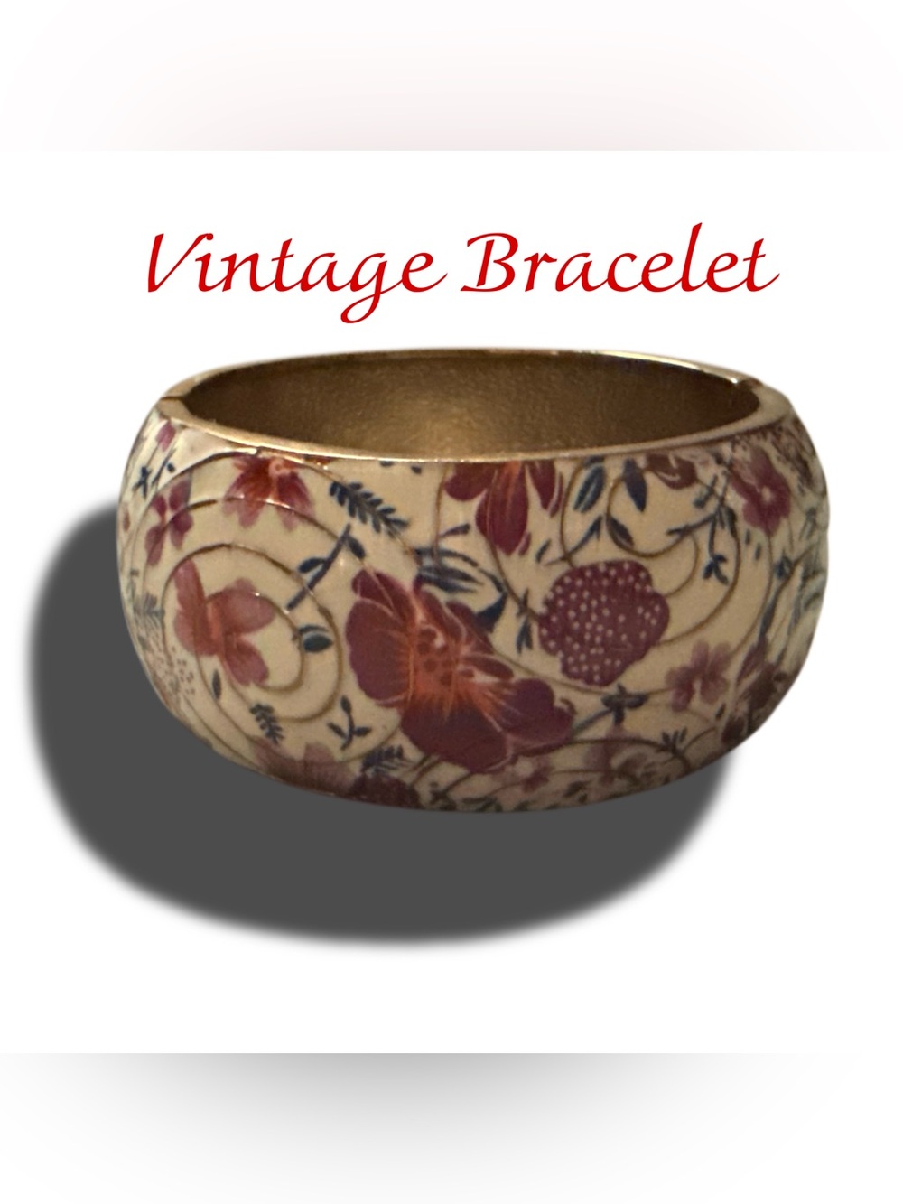 Vintage Floral Bangle Bracelet - Cream and Maroon